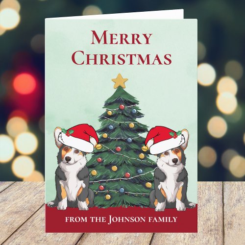 Two Tricolor Corgi Dogs Cute Custom Christmas Holiday Card