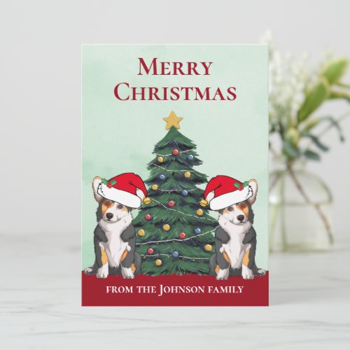 Two Tricolor Corgi Dogs Cute Custom Christmas Holiday Card