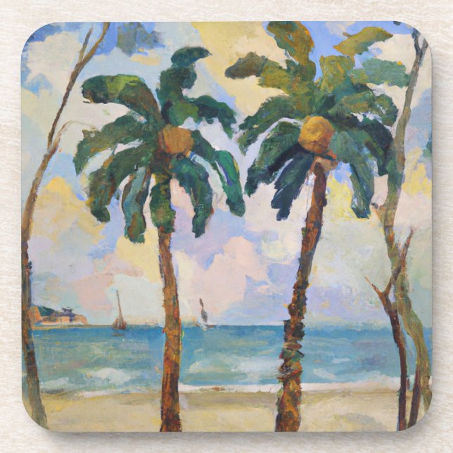 Two Tropical Palm Trees Oil Painting  Beverage Coaster (Front)