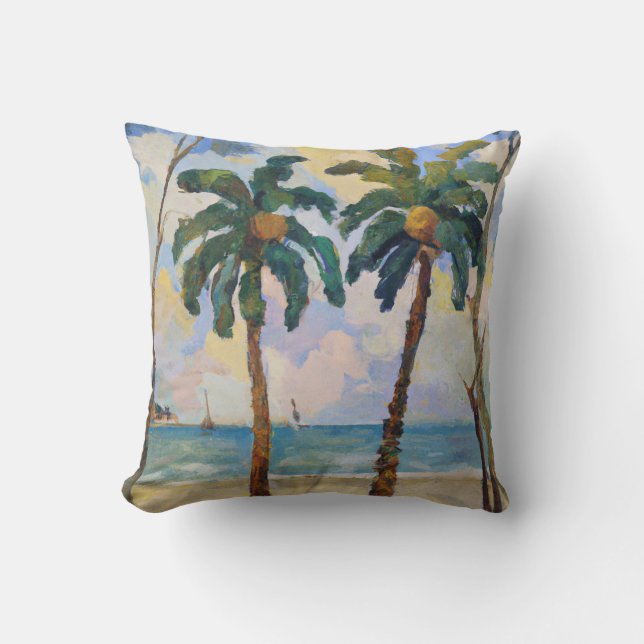 Two Tropical Palm Trees Oil Painting Throw Pillow (Front)