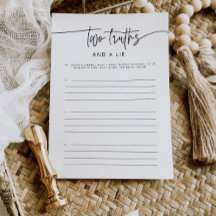 Two Truth & A Lie Bridal Shower Activity Game Card