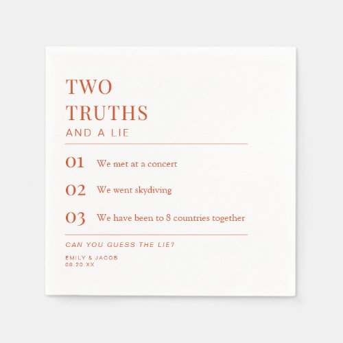 Two Truths and a Lie Fun Fact Wedding Cocktail Napkins