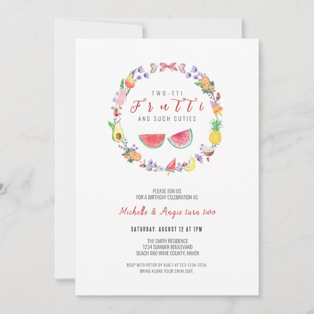 Two-tti Fruitti Girl Birthday, Summer 2nd Birthday Invitation (Front)