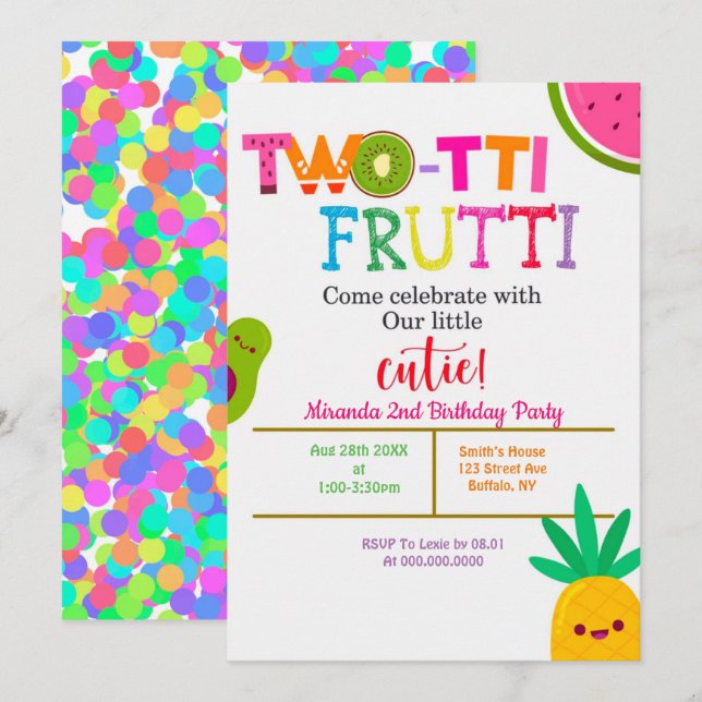 Two-tti Frutti  2nd Girl Birthday Party Invites (Front/Back)