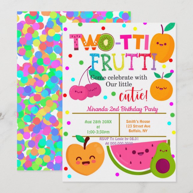 Two-tti Frutti  2nd Girl Birthday Party Invites (Front/Back)