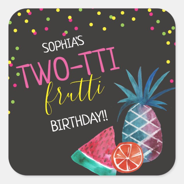 Two-tti Frutti Colorful 2nd Birthday Party Square Sticker (Front)