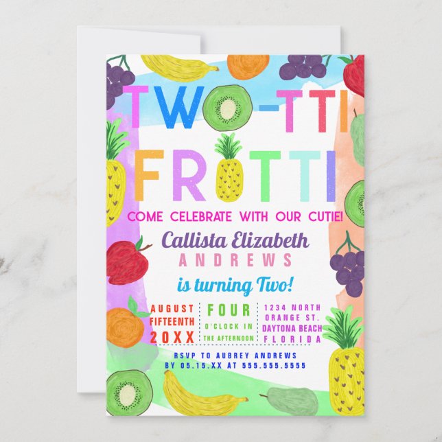 Two-tti Frutti Colorful Painted Fruit 2nd Birthday Invitation (Front)