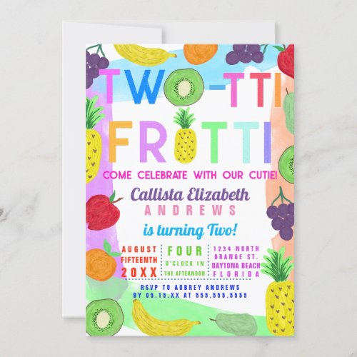 Two_tti Frutti Colorful Painted Fruit 2nd Birthday Invitation