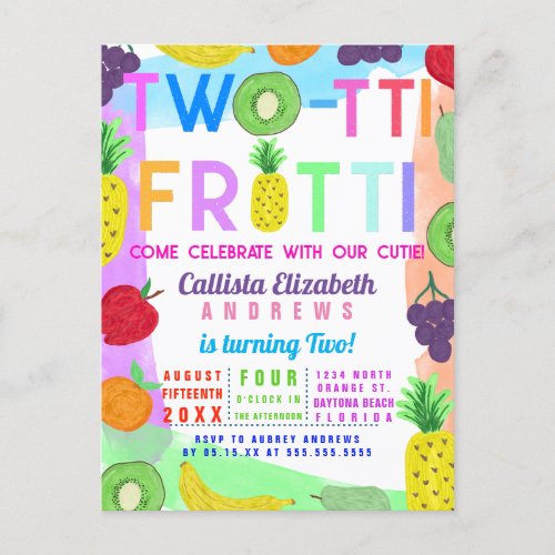 Two_tti Frutti Colorful Painted Fruit 2nd Birthday Invitation Postcard