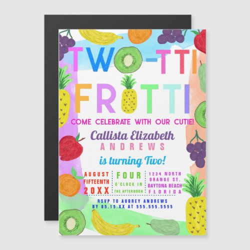Two_tti Frutti Colorful Painted Fruit 2nd Birthday Magnetic Invitation