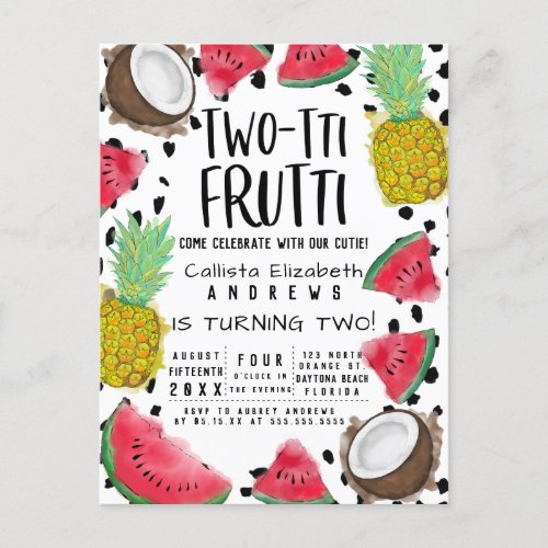 Two_tti Frutti Cute Fruit Watercolor 2nd Birthday Invitation Postcard