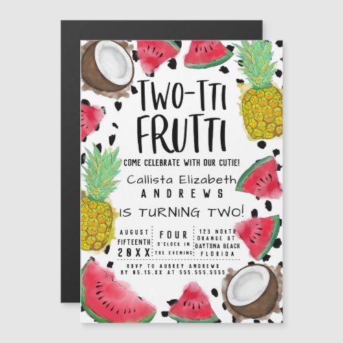 Two_tti Frutti Cute Fruit Watercolor 2nd Birthday Magnetic Invitation