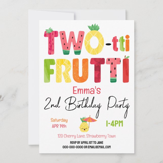 TWO-tti Frutti Cuties 2nd Birthday Tropical Fruit Invitation (Front)
