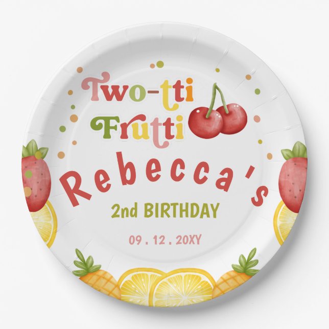 Two-tti Frutti Fruity Fun Second Birthday Party Paper Plates (Front)