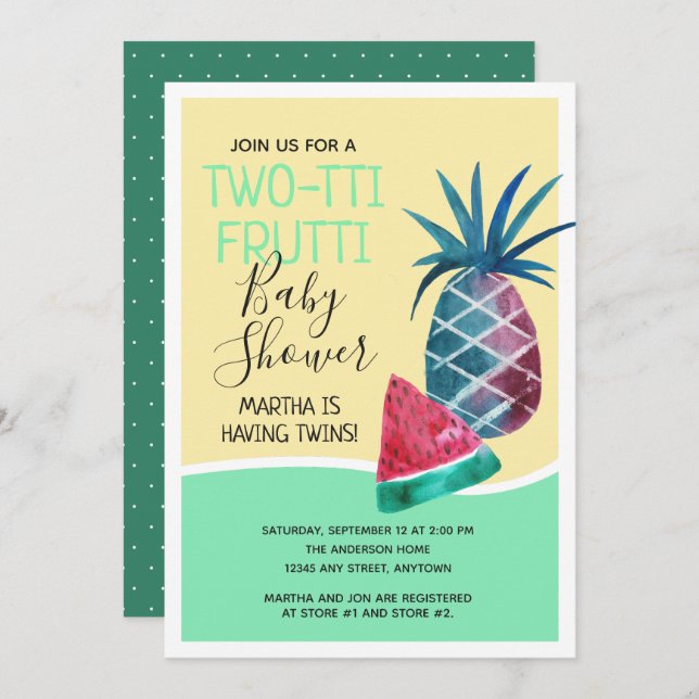 Two-tti Frutti Gender Neutral Twins Baby Shower Invitation (Front/Back)