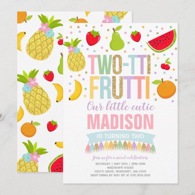 Two-tti Frutti Party Invitation 2nd Birthday Party (Front/Back)