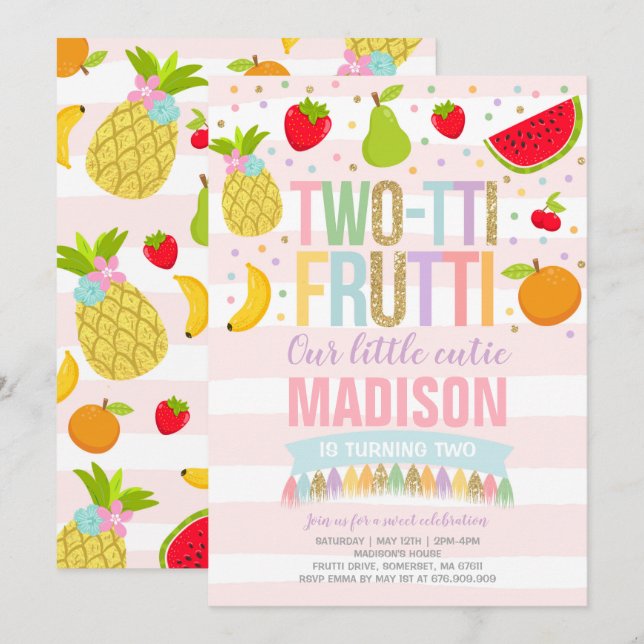 Two-tti Frutti Party Invitation 2nd Birthday Party (Front/Back)