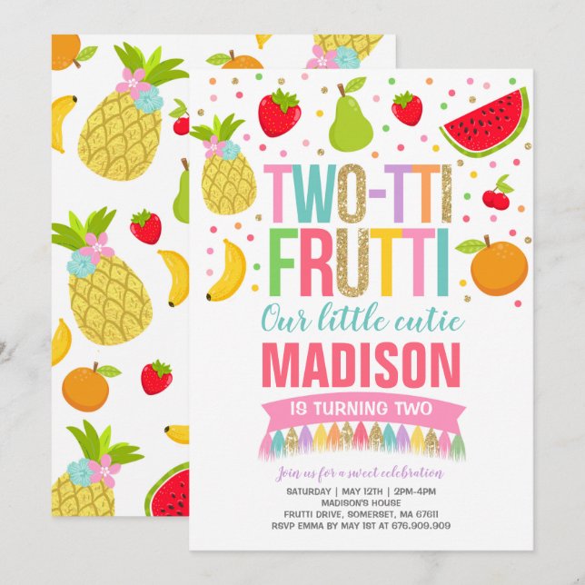 Two-tti Frutti Party Invitation 2nd Birthday Party (Front/Back)
