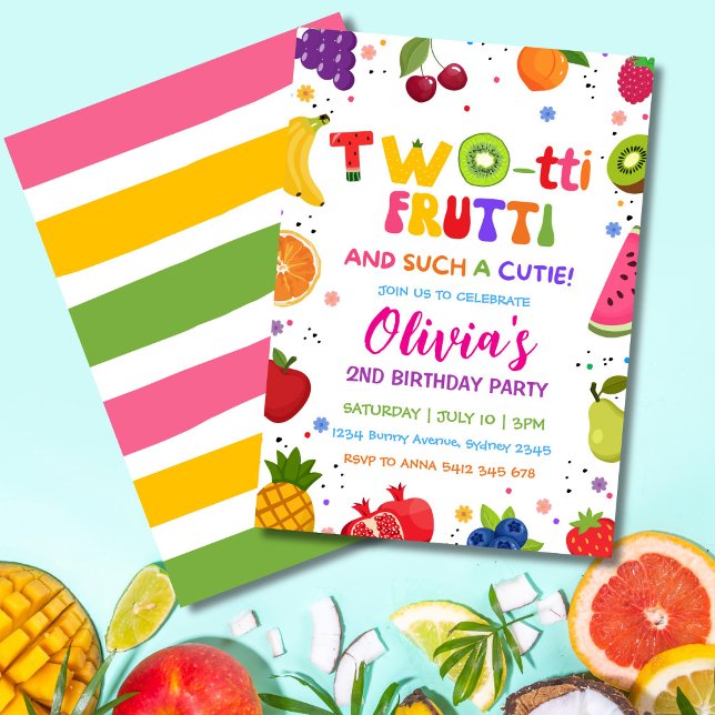 Two-tti Frutti Such a Cutie, 2ND Fruits Summer  Invitation (Cute Twotti Frutti 2nd birthday invitation with colorful fruit and summer party theme.)