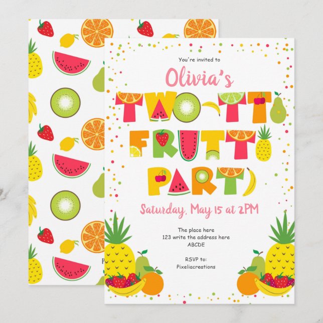 Two tti Frutti, Tropical, Fruit, Girl 2nd birthday Invitation (Front/Back)