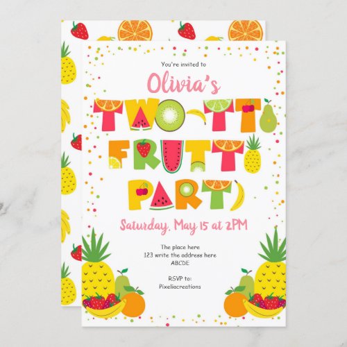 Two tti Frutti Tropical Fruit Girl 2nd birthday Invitation
