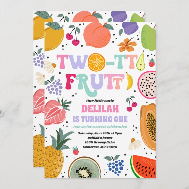 Two-tti Frutti Tropical Summer 2nd Birthday Party Invitation (Front/Back)