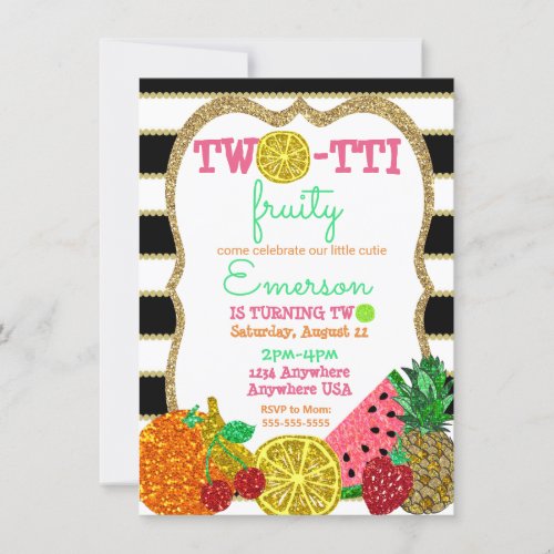 two_tto frutti 2nd Birthday Tutti Frutti glitter Invitation