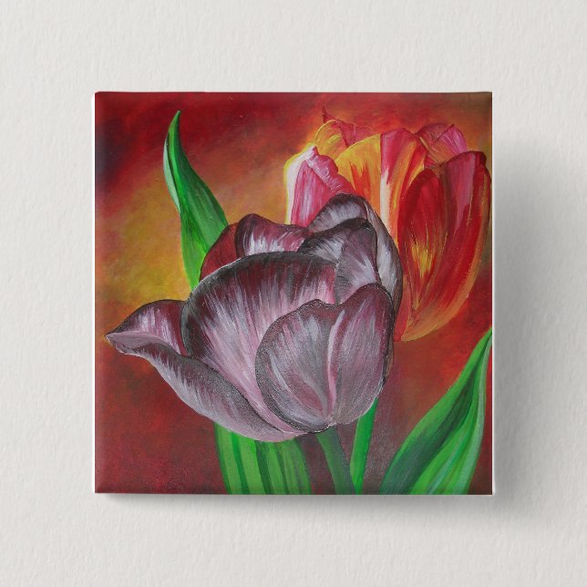 Two Tulips Against Red Background Button (Front)