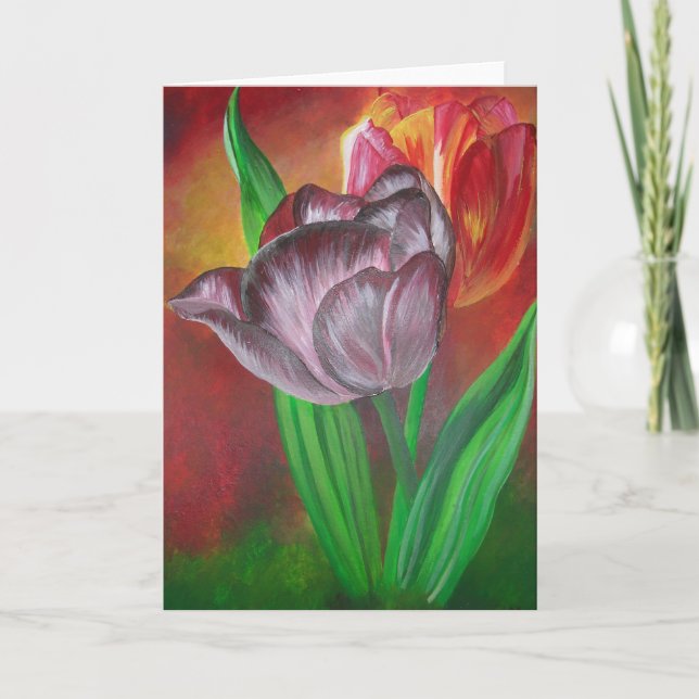 Two Tulips Against Red Background Card (Front)