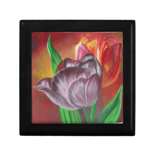 Two Tulips Against Red Background Keepsake Box