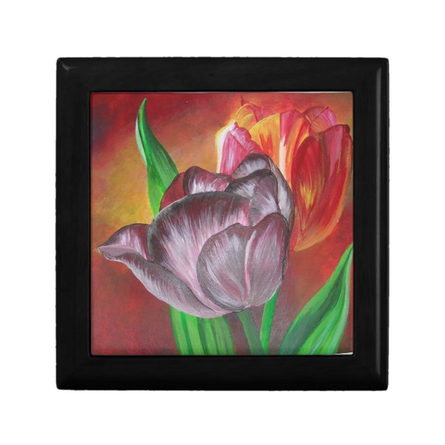 Two Tulips Against Red Background Keepsake Box (Front)