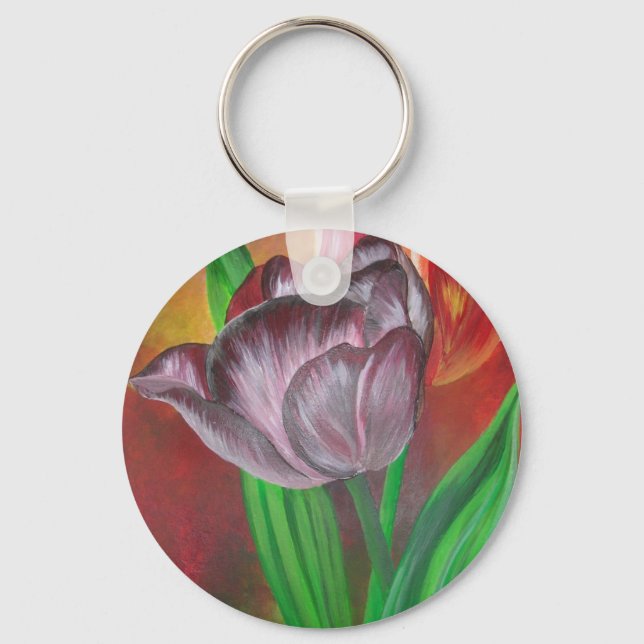 Two Tulips Against Red Background Keychain (Front)