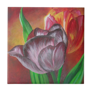 Two Tulips Against Red Background Tile