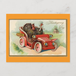 Two Turkeys With Car Thanksgiving Postcard