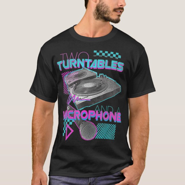 Two Turntables and Microphone Retro 80s Vinyl DJ T-Shirt (Front)