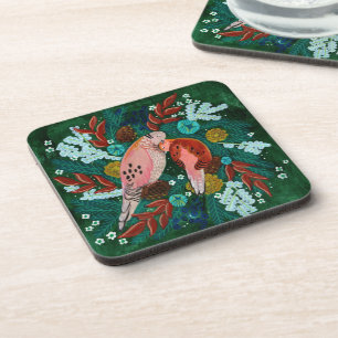 Two turtle Doves floral wreath Christmas holiday Beverage Coaster