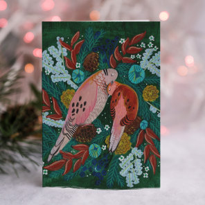 Two turtle Doves floral wreath Christmas  Holiday Card