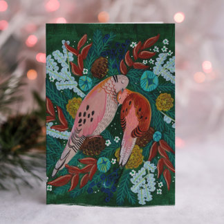 Two turtle Doves floral wreath Christmas Holiday Card