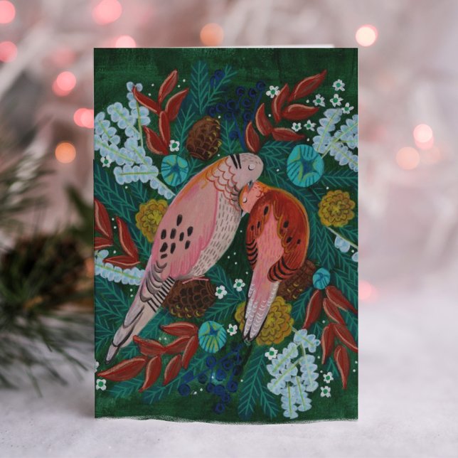 Two turtle Doves floral wreath Christmas  Holiday Card (Creator Uploaded)