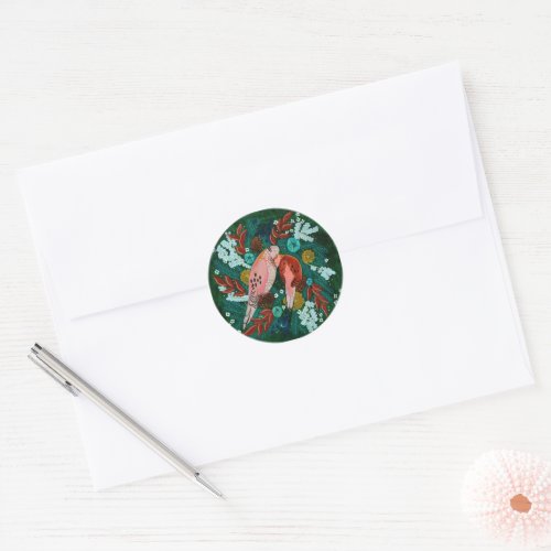 Two turtle Doves floral wreath Christmas holiday Classic Round Sticker