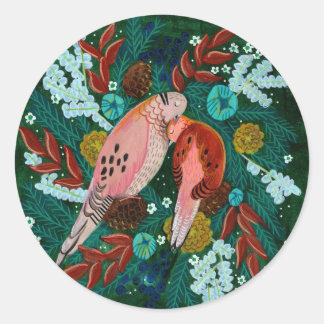 Two turtle Doves floral wreath Christmas holiday Classic Round Sticker
