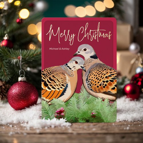 Two Turtle Doves Merry Christmas Birds Red  Gold Foil Holiday Card