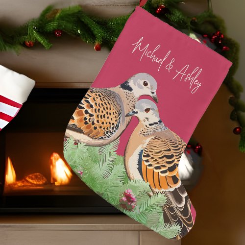 Two Turtle Doves Red Holiday Bird Couple In Love Large Christmas Stocking