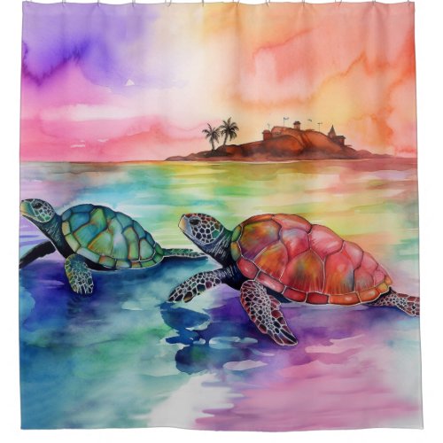 Two Turtles on the Shore of a Tropical Paradise Shower Curtain