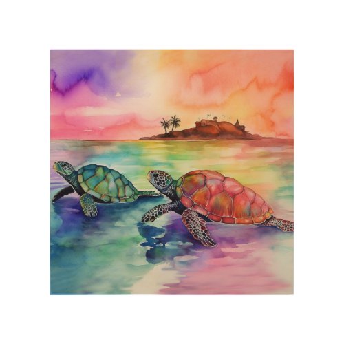 Two Turtles on the Shore of a Tropical Paradise Wood Wall Art