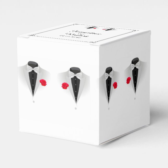Two Tuxedos on White Gay Wedding Favor Box (Front Side)