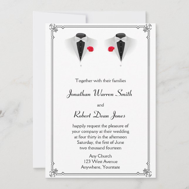 Two Tuxedos on White Gay Wedding Invitation (Front)