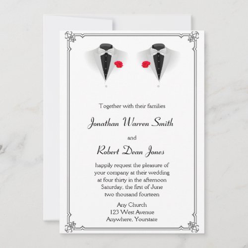 Two Tuxedos on White Gay Wedding Invitation