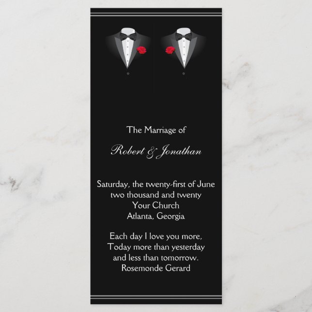 Two Tuxedos with Red Rose Gay Wedding Program (Front)