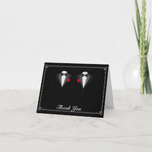 Two Tuxedos with Red Rose Gay Wedding Thank You Card